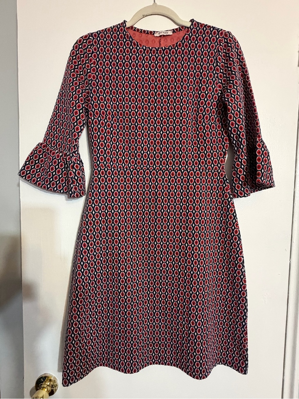 Printed Red Geometric Midi Dress with Ruffled Three-Quarter Sleeves